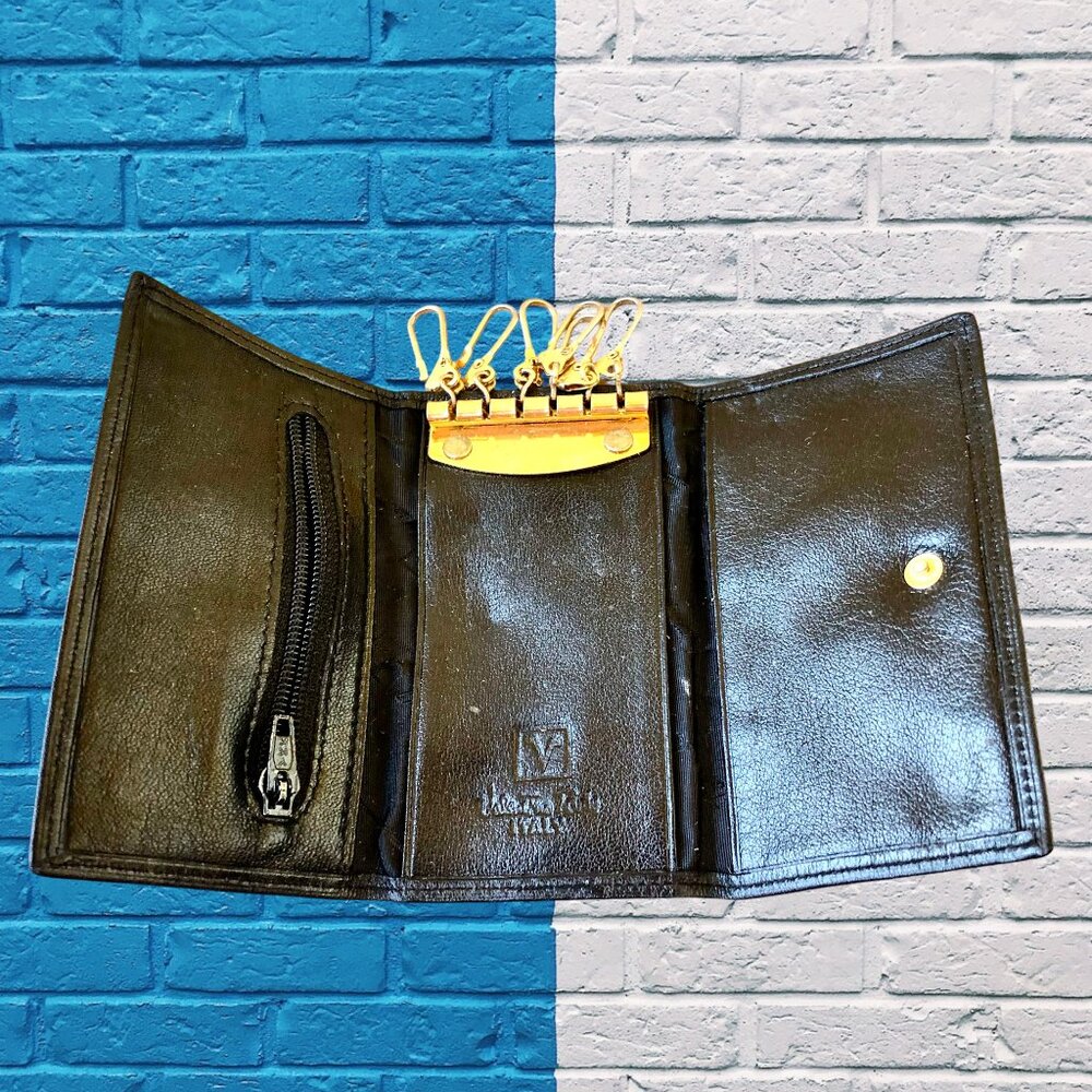 Valentino Rudy Italy Black Leather KEY COIN CARD Wallet Mens Tri-Fold